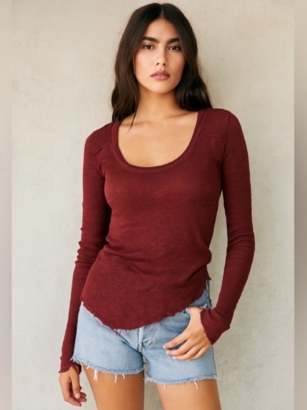 Free People We The Free Linen Blend Long Sleeve Raw Hem Tee